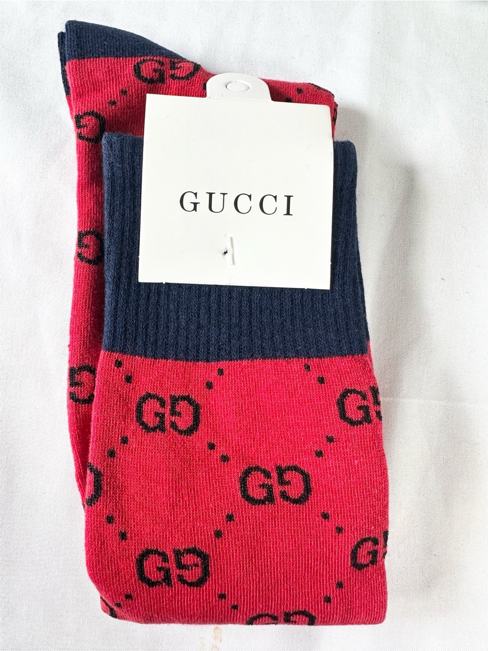 Fashion Luxury Red/Navy GG Pattern Crew Socks “17 cuff to toe (Unisex)